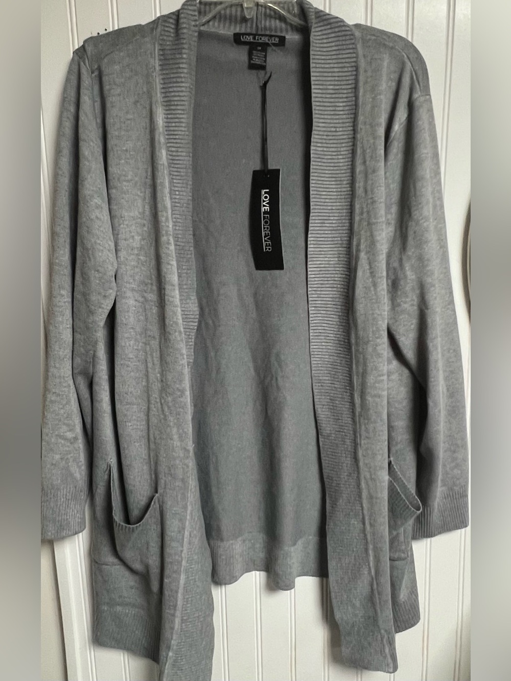 NWT Love Forever Cardigan Sweater Open Front Heather Grey W/ Pockets Plus Sz 3X
